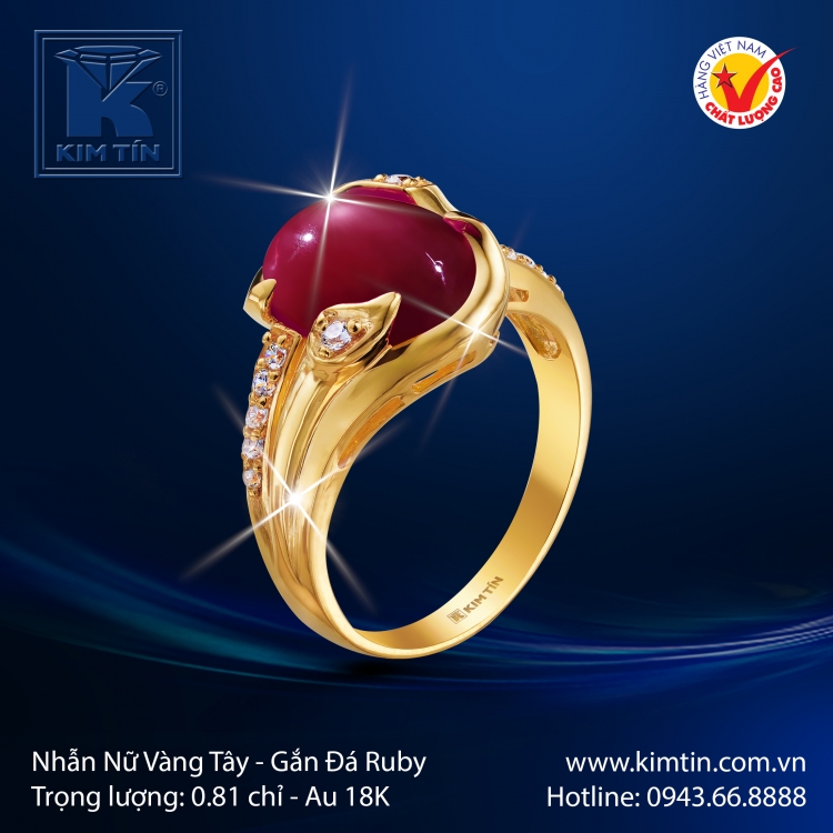 Nhẫn Nữ Vàng Màu Gắn Đá Ruby