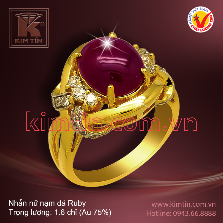 Nhẫn nữ vàng 18k nạm đá Ruby