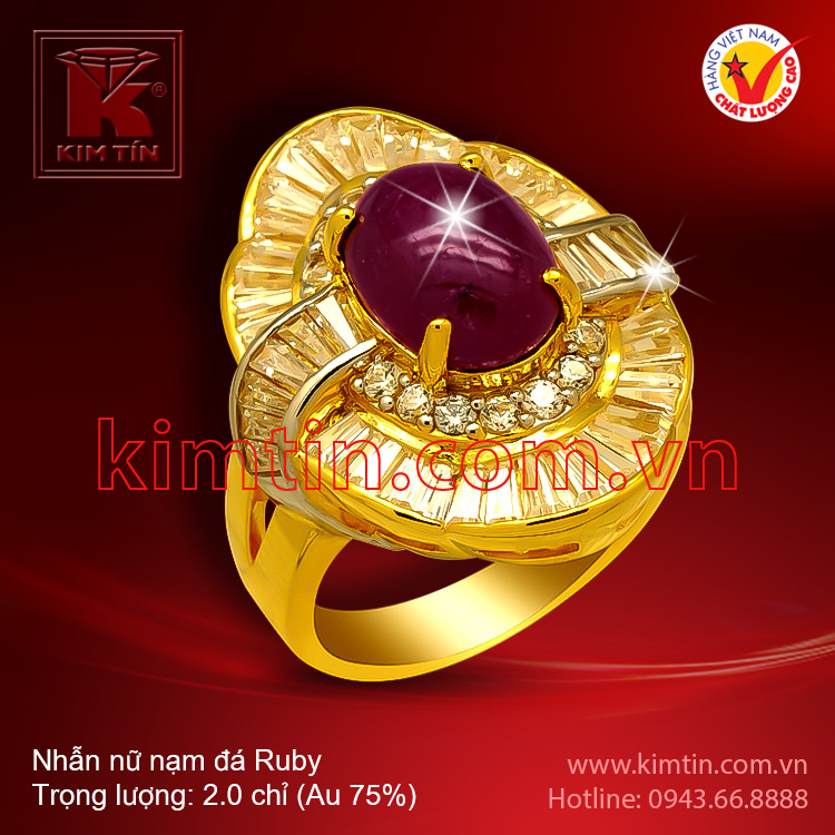 Nhẫn nữ vàng 18k nạm đá Ruby