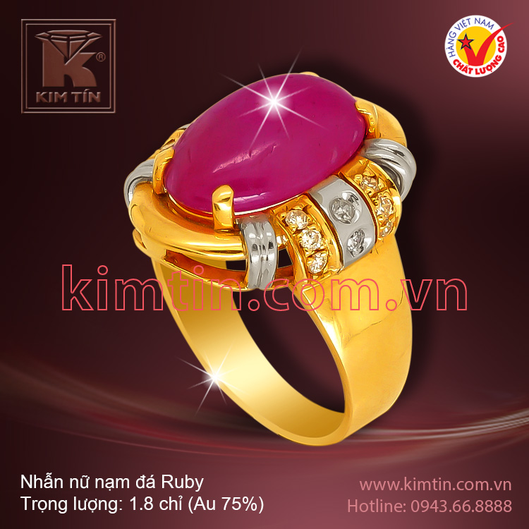 Nhẫn nữ vàng 18k nạm đá Ruby